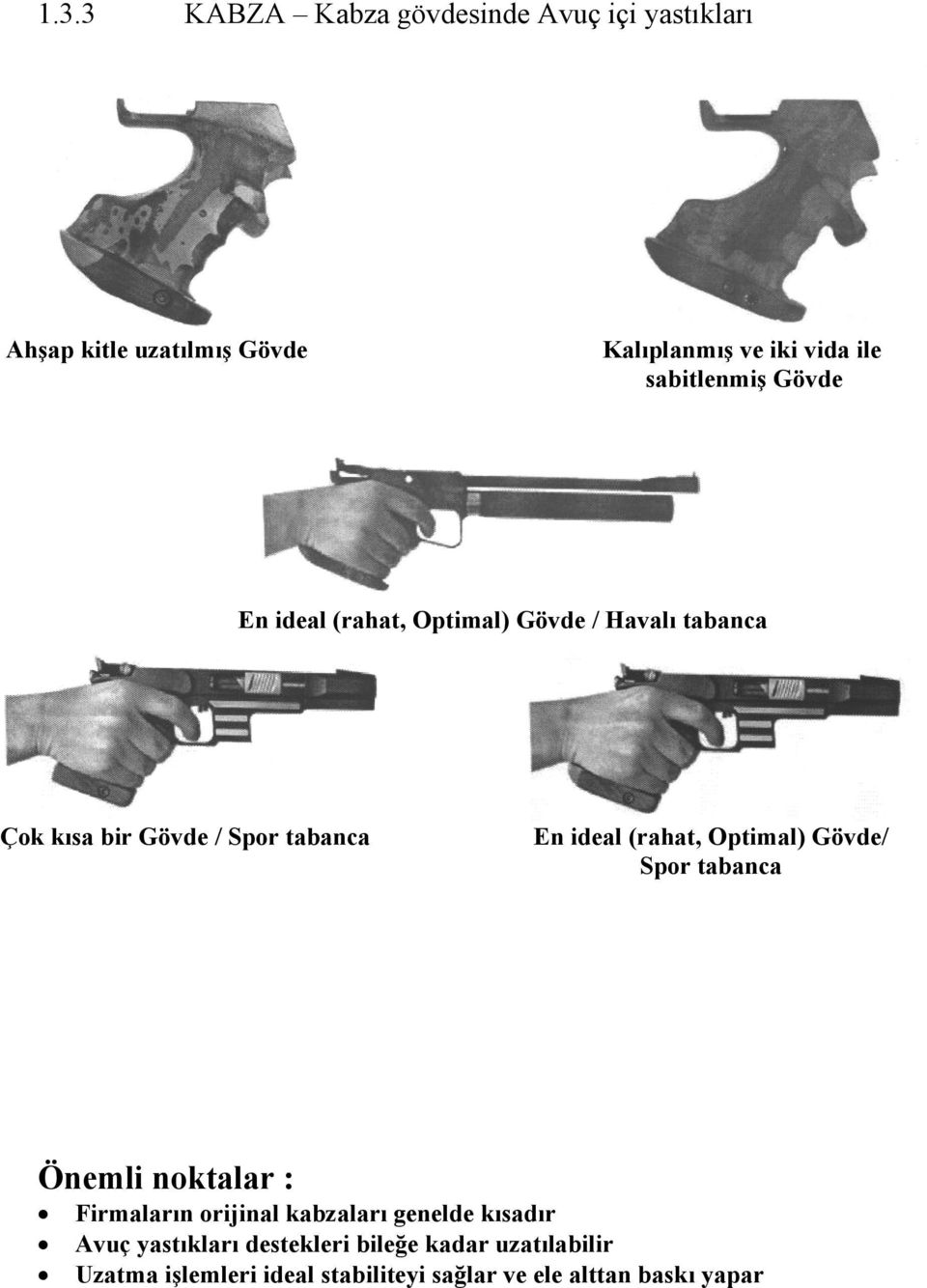 ideal (rahat, Optimal) Gövde/ Spor tabanca Önemli noktalar : Firmaların orijinal kabzaları genelde kısadır