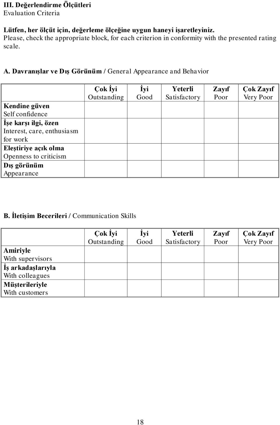 DavranıĢlar ve DıĢ Görünüm / General Appearance and Behavior Kendine güven Self confidence ĠĢe karģı ilgi, özen Interest, care, enthusiasm for work EleĢtiriye açık olma