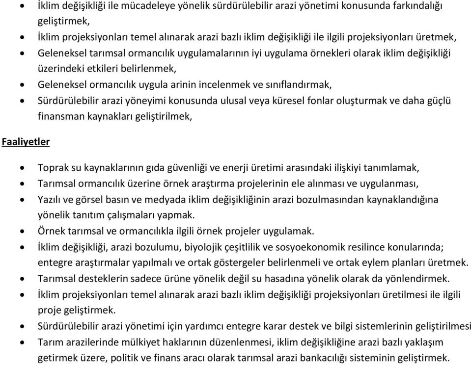 ve sınıflandırmak, Sürdürülebilir arazi yöneyimi konusunda ulusal veya küresel fonlar oluşturmak ve daha güçlü finansman kaynakları geliştirilmek, Faaliyetler Toprak su kaynaklarının gıda güvenliği