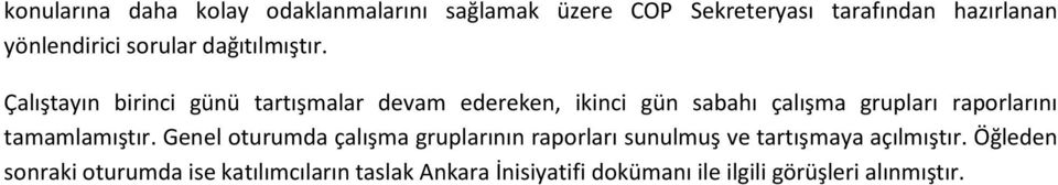 Çalıştayın birinci günü tartışmalar devam edereken, ikinci gün sabahı çalışma grupları raporlarını