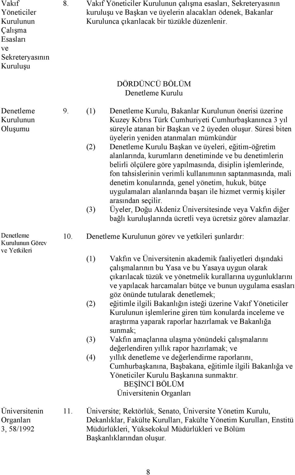 DÖRDÜNCÜ BÖLÜM Denetleme Kurulu Denetleme Kurulunun Oluşumu Denetleme Kurulunun Görev ve Yetkileri Üniversitenin Organları 3, 58/1992 9.