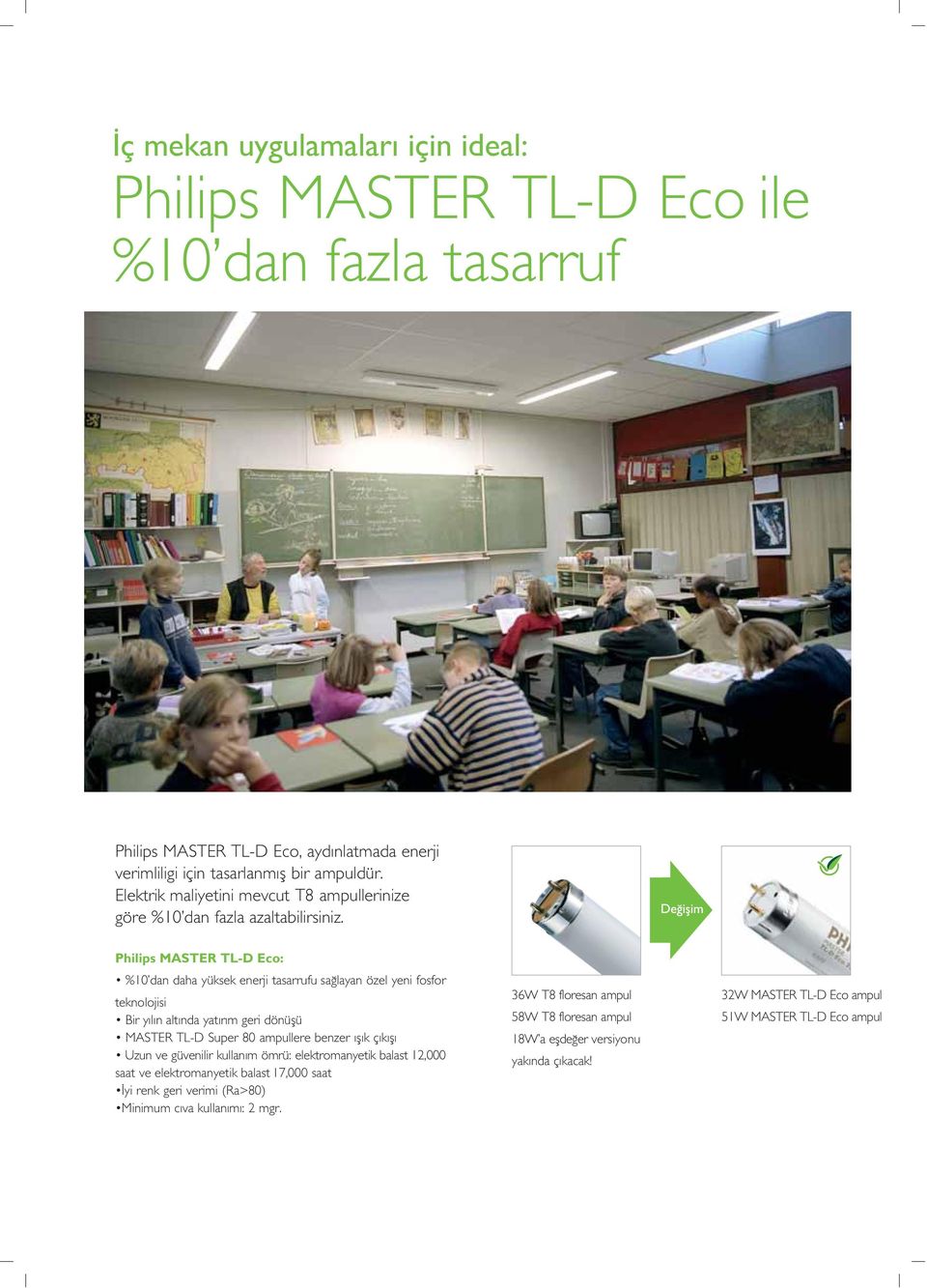 Philips MASTER TLD Eco: %0 dan daha yüksek enerji tasarrufu sa layan özel yeni fosfor teknolojisi Bir y l n alt nda yat r m geri dönüflü MASTER TLD Super ampullere benzer fl k ç