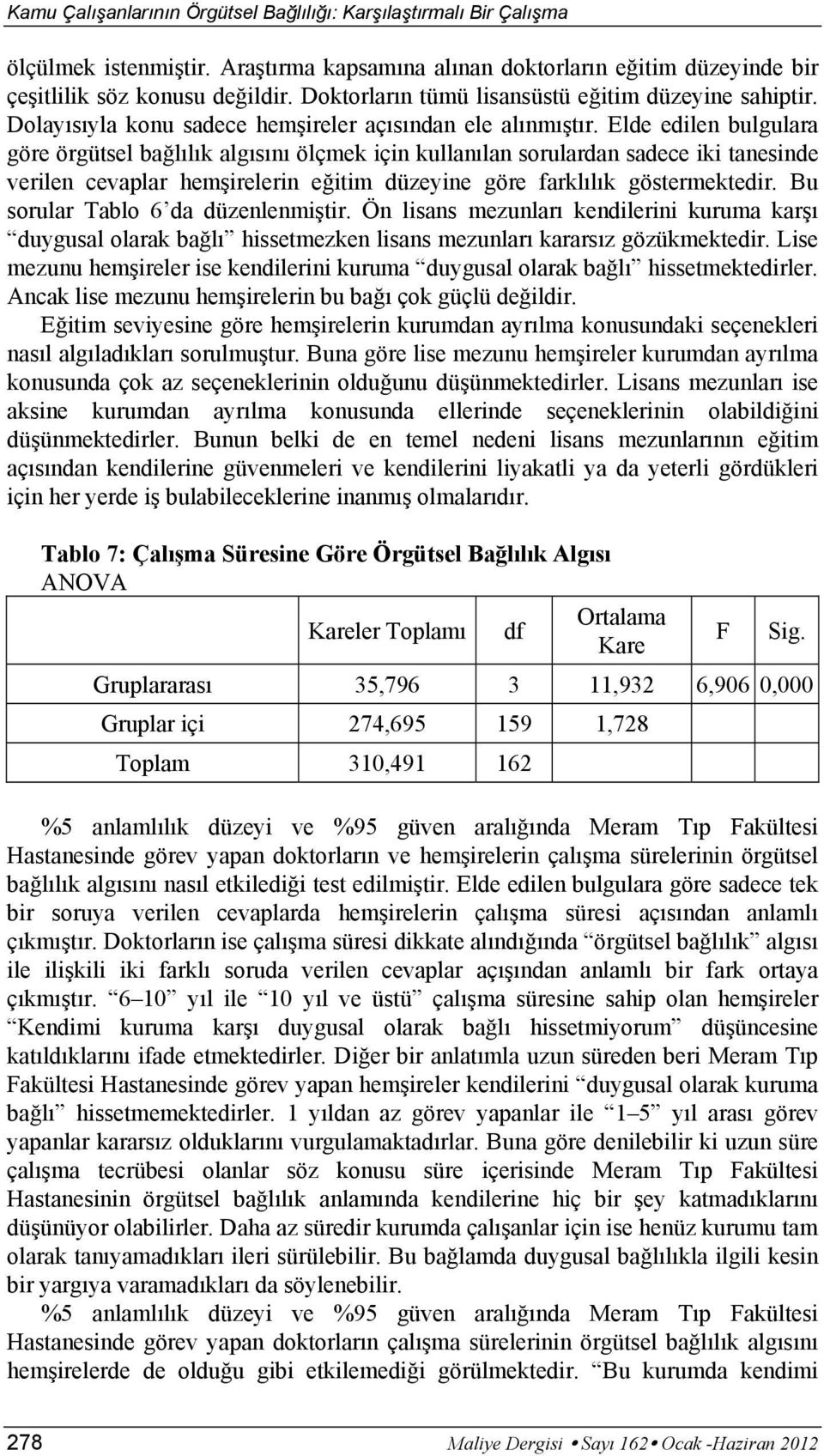 Elde edilen bulgulara göre örgütsel bağlılık algısını ölçmek için kullanılan sorulardan sadece iki tanesinde verilen cevaplar hemşirelerin eğitim düzeyine göre farklılık göstermektedir.