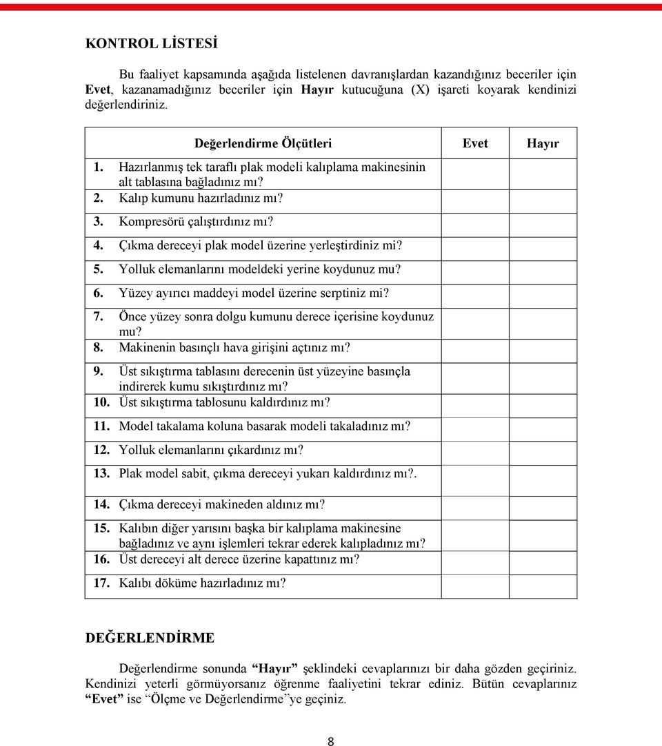 Kompresörü çalıģtırdınız mı? 4. Çıkma dereceyi plak model üzerine yerleģtirdiniz mi? 5. Yolluk elemanlarını modeldeki yerine koydunuz mu? 6. Yüzey ayırıcı maddeyi model üzerine serptiniz mi? 7.