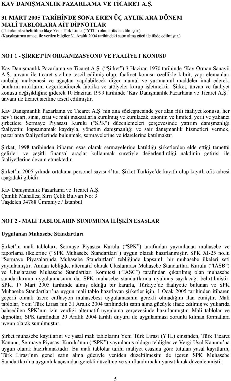 ( Şirket ) 3 Haziran 1970 tarihinde Kav Orman Sanayii A.Ş. ünvanı ile ticaret siciline tescil edilmiş olup, faaliyet konusu özellikle kibrit, yapı elemanları ambalaj malzemesi ve ağaçtan