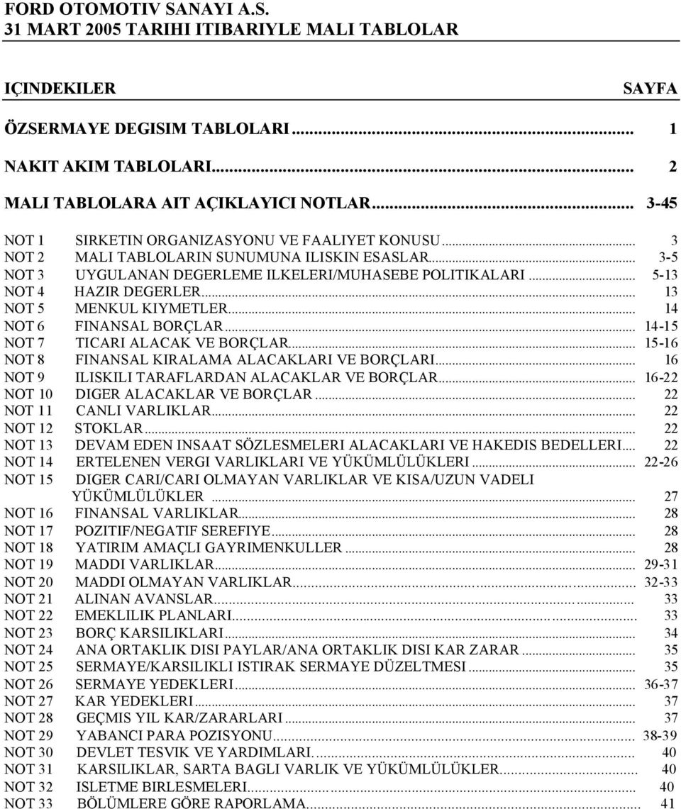 .. 14 NOT 6 FINANSAL BORÇLAR... 14-15 NOT 7 TICARI ALACAK VE BORÇLAR... 15-16 NOT 8 FINANSAL KIRALAMA ALACAKLARI VE BORÇLARI... 16 NOT 9 ILISKILI TARAFLARDAN ALACAKLAR VE BORÇLAR.