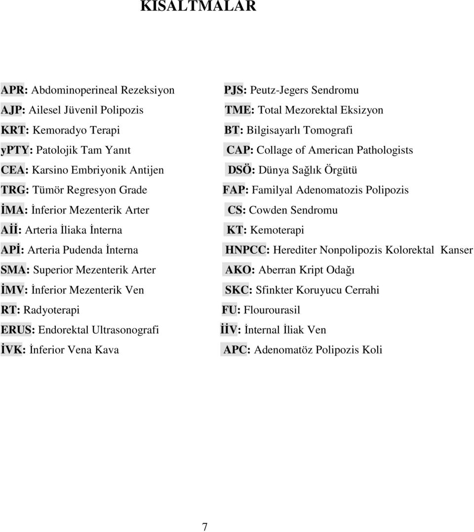 Vena Kava PJS: Peutz-Jegers Sendromu TME: Total Mezorektal Eksizyon BT: Bilgisayarlı Tomografi CAP: Collage of American Pathologists DSÖ: Dünya Sağlık Örgütü FAP: Familyal Adenomatozis Polipozis CS: