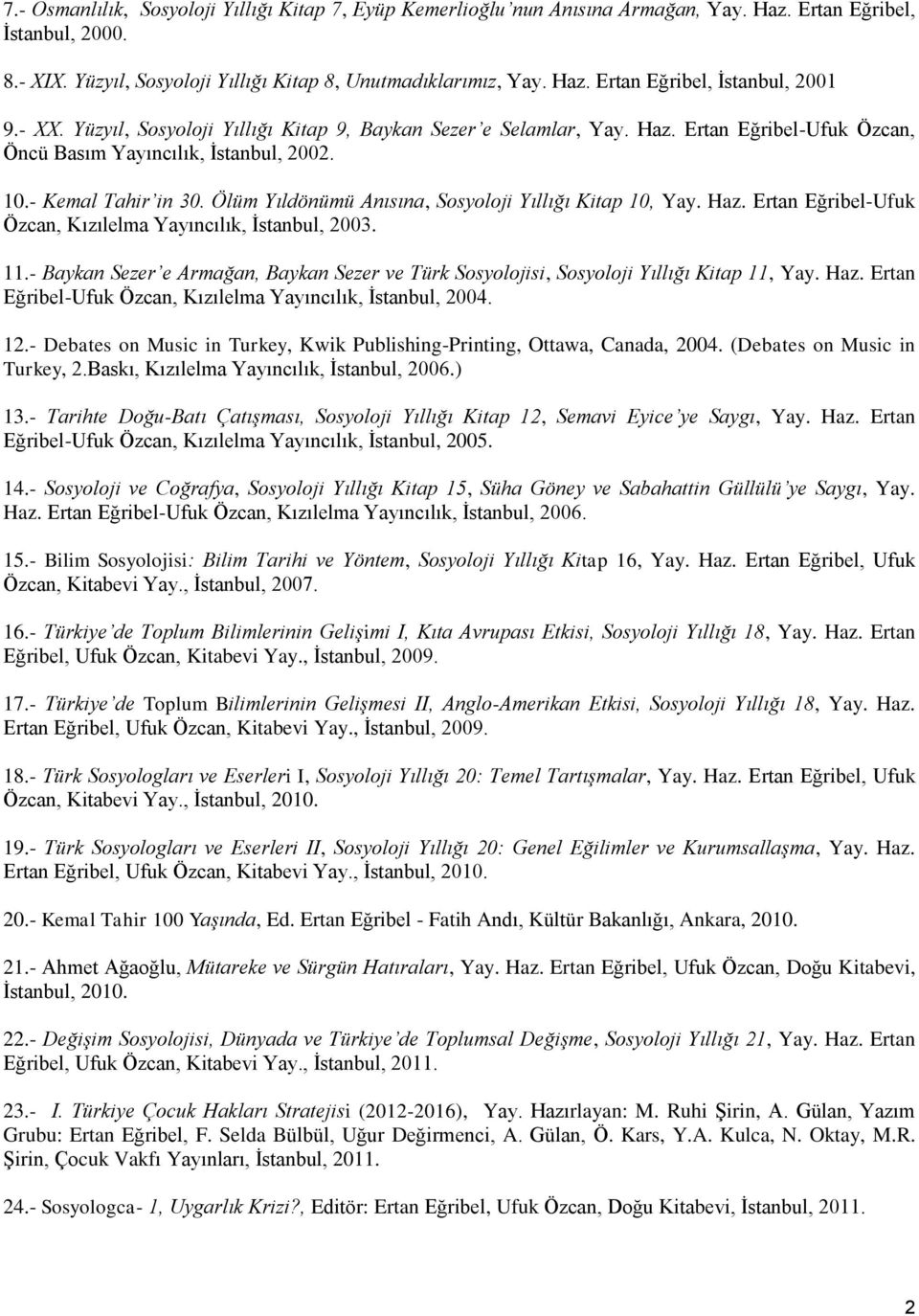 Ölüm Yıldönümü Anısına, Sosyoloji Yıllığı Kitap 10, Yay. Haz. Ertan Eğribel-Ufuk Özcan, Kızılelma Yayıncılık, İstanbul, 2003. 11.