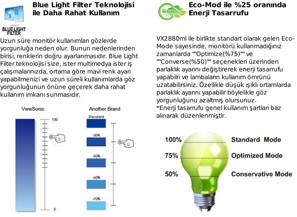 Blue Light Filter teknolojisi size, ister multimedya ister iş çalışmalarınızda, ortama göre mavi renk ayarı yapabilmenizi ve uzun süreli kullanımlarda göz yorgunluğunun önüne geçerek daha rahat