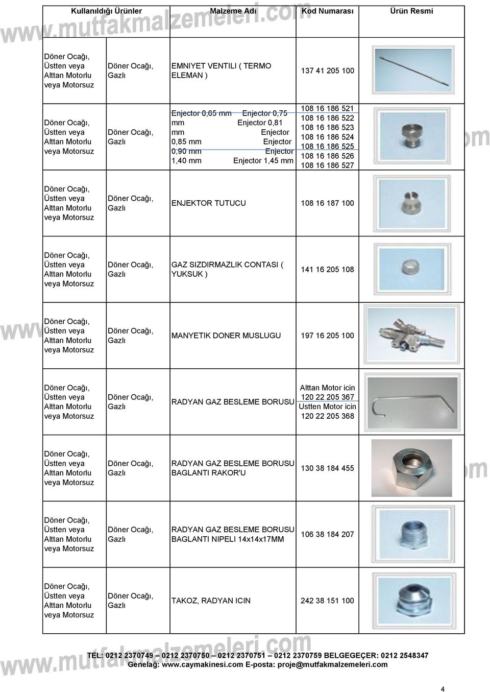 SIZDIRMAZLIK CONTASI ( YUKSUK ) 141 16 205 108 MANYETIK DONER MUSLUGU 197 16 205 100 RADYAN GAZ BESLEME BORUSU Alttan Motor icin 120 22 205 367 Ustten Motor