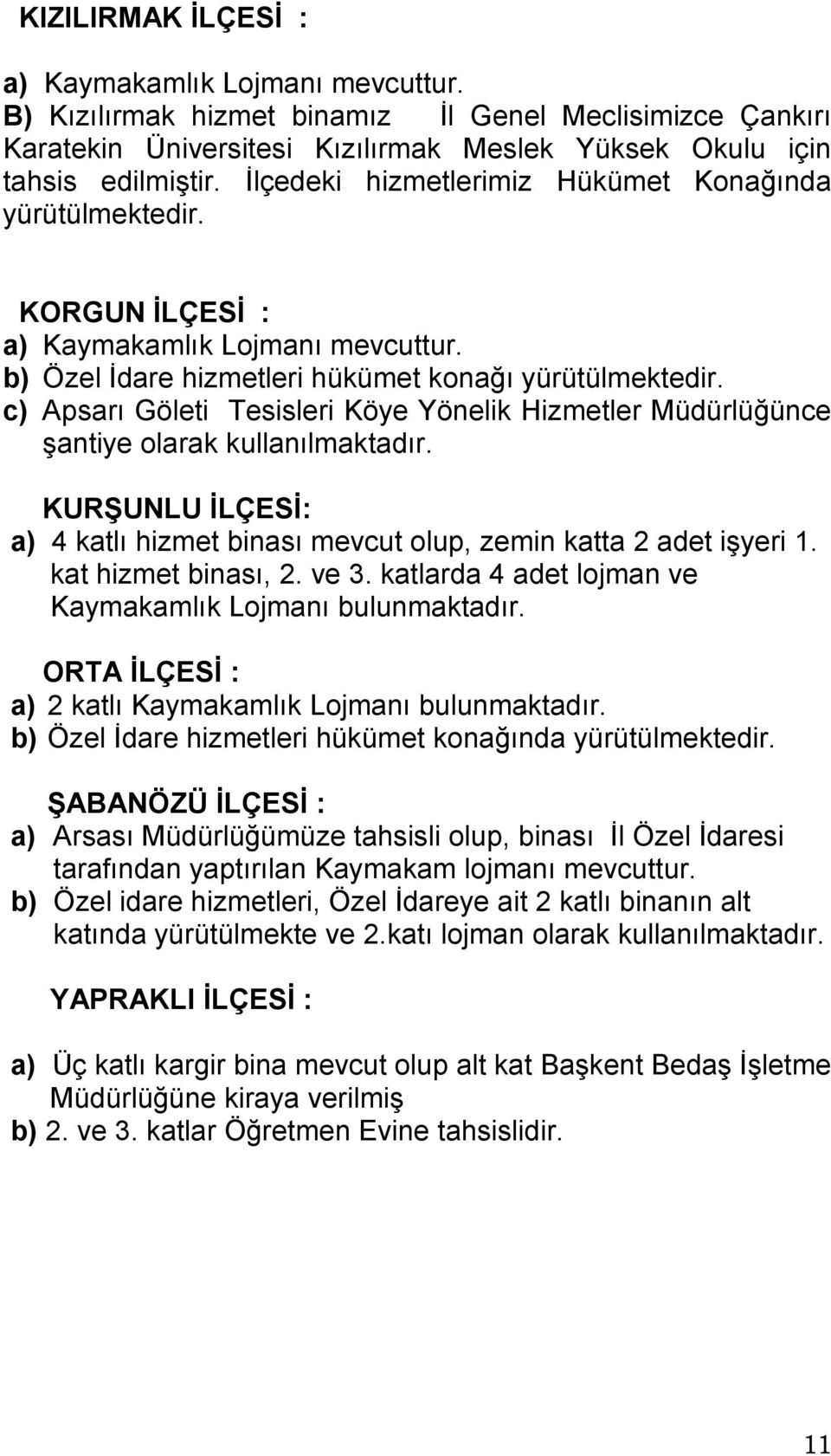 c) Apsarı Göleti Tesisleri Köye Yönelik Hizmetler Müdürlüğünce Ģantiye olarak kullanılmaktadır. KURġUNLU ĠLÇESĠ: a) 4 katlı hizmet binası mevcut olup, zemin katta 2 adet iģyeri 1.