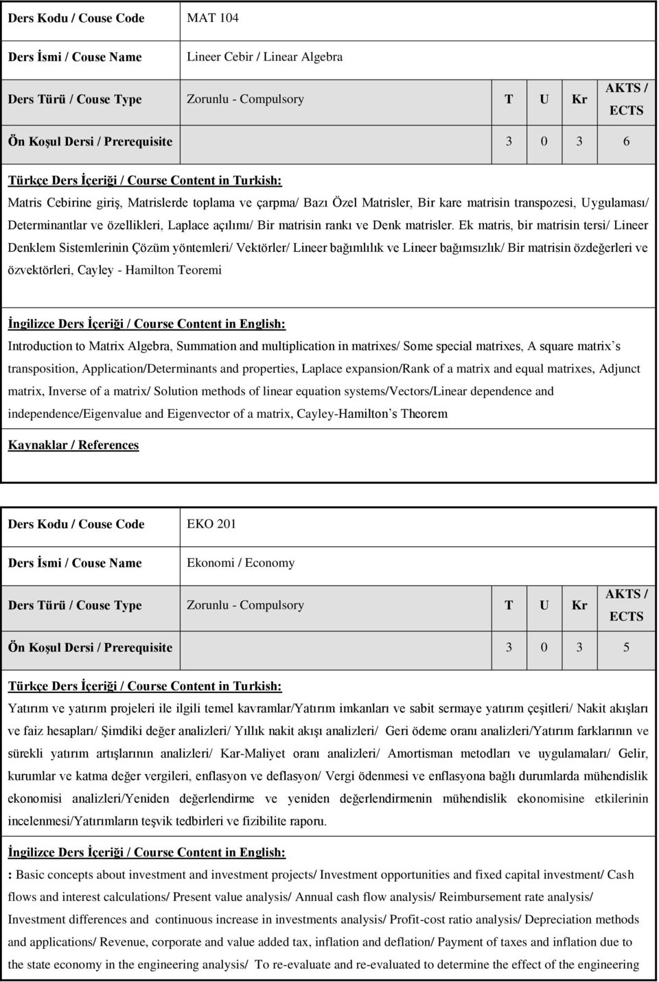 Ek matris, bir matrisin tersi/ Lineer Denklem Sistemlerinin Çözüm yöntemleri/ Vektörler/ Lineer bağımlılık ve Lineer bağımsızlık/ Bir matrisin özdeğerleri ve özvektörleri, Cayley - Hamilton Teoremi