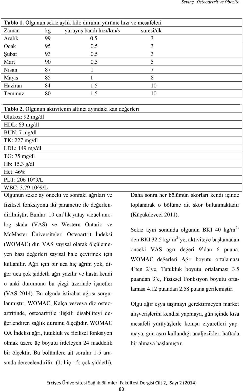 Olgunun aktivitenin altıncı ayındaki kan değerleri Glukoz: 92 mg/dl HDL: 63 mg/dl BUN: 7 mg/dl TK: 227 mg/dl LDL: 149 mg/dl TG: 75 mg/dl Hb: 15.3 g/dl Hct: 46% PLT: 206 10^9/L WBC: 3.