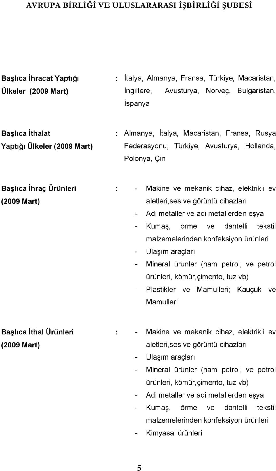 cihazları - Adi metaller ve adi metallerden eşya - Kumaş, örme ve dantelli tekstil malzemelerinden konfeksiyon ürünleri - Ulaşım araçları - Mineral ürünler (ham petrol, ve petrol ürünleri,