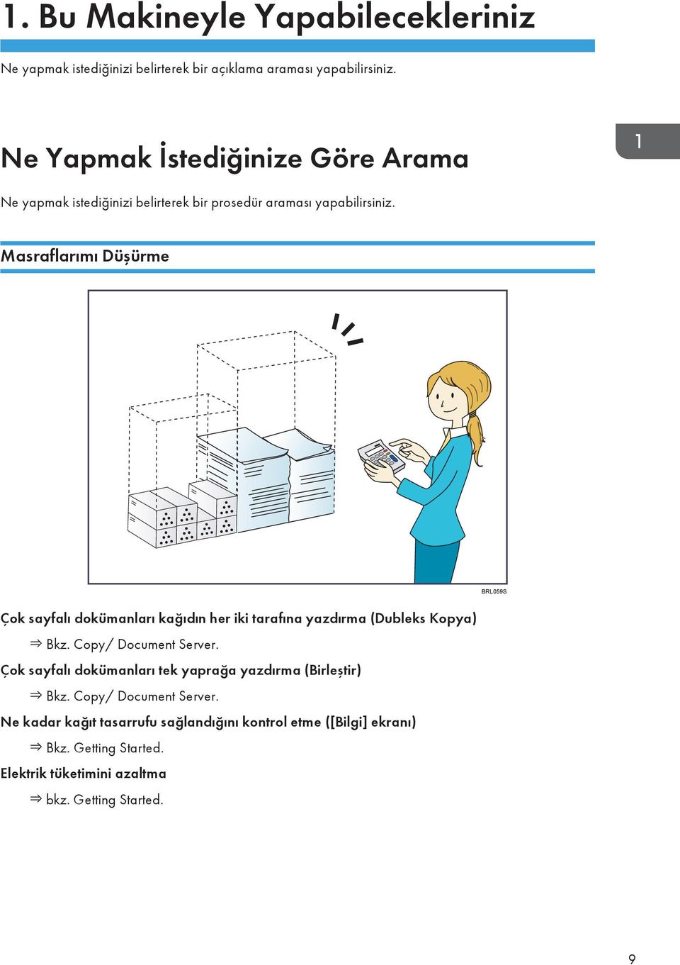 Masraflarımı Düşürme BRL059S Çok sayfalı dokümanları kağıdın her iki tarafına yazdırma (Dubleks Kopya) Bkz. Copy/ Document Server.