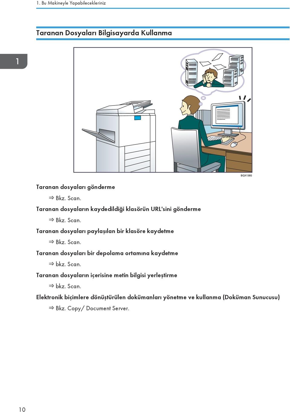 Scan. Taranan dosyaları bir depolama ortamına kaydetme bkz. Scan.