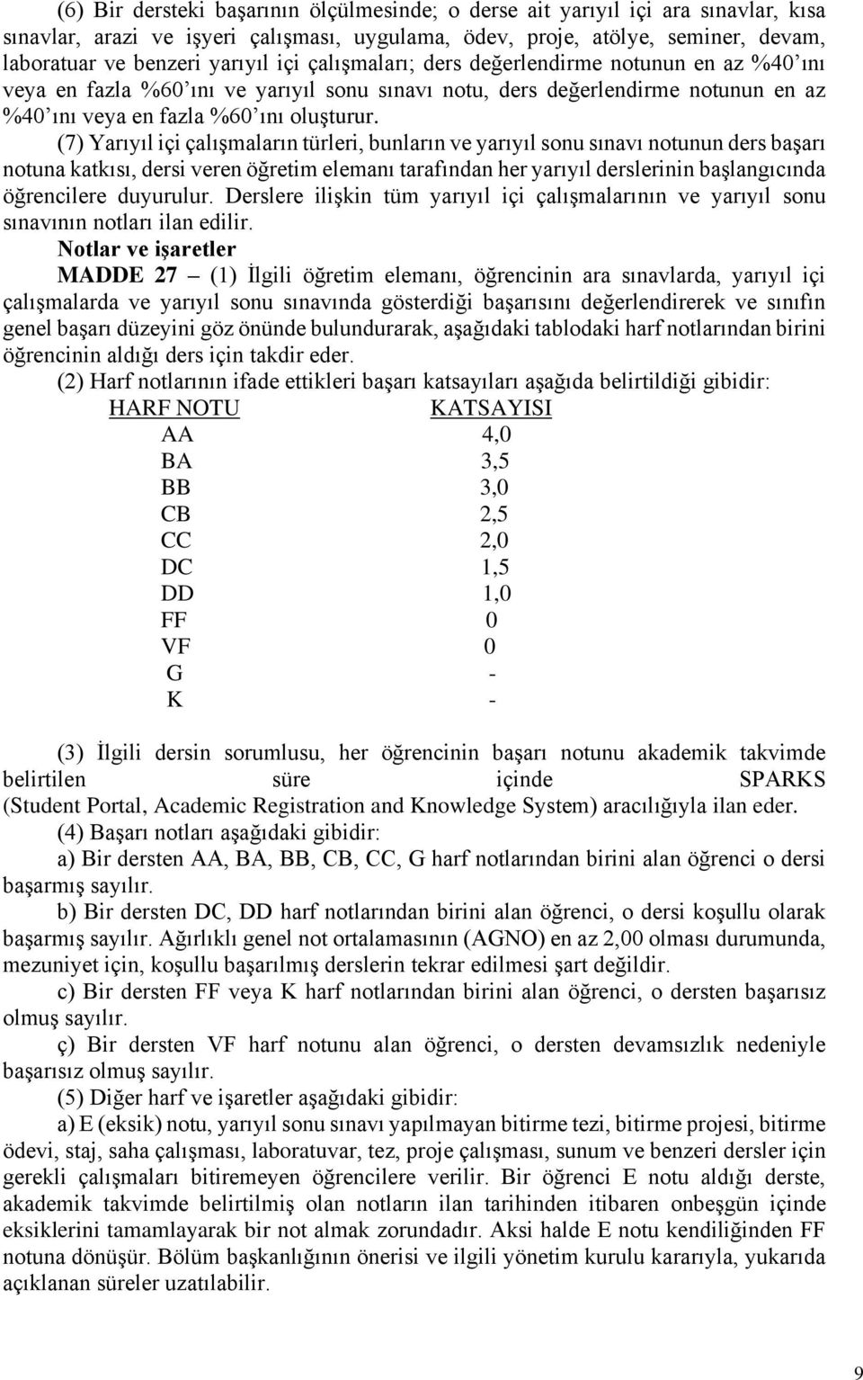 (7) Yarıyıl içi çalışmaların türleri, bunların ve yarıyıl sonu sınavı notunun ders başarı notuna katkısı, dersi veren öğretim elemanı tarafından her yarıyıl derslerinin başlangıcında öğrencilere