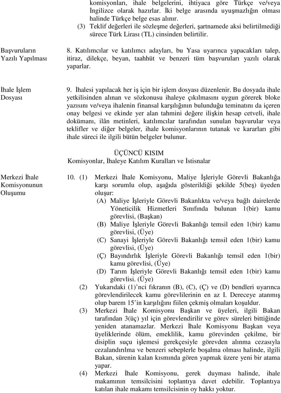 Katılımcılar ve katılımcı adayları, bu Yasa uyarınca yapacakları talep, itiraz, dilekçe, beyan, taahhüt ve benzeri tüm başvuruları yazılı olarak yaparlar. İhale İşlem Dosyası 9.