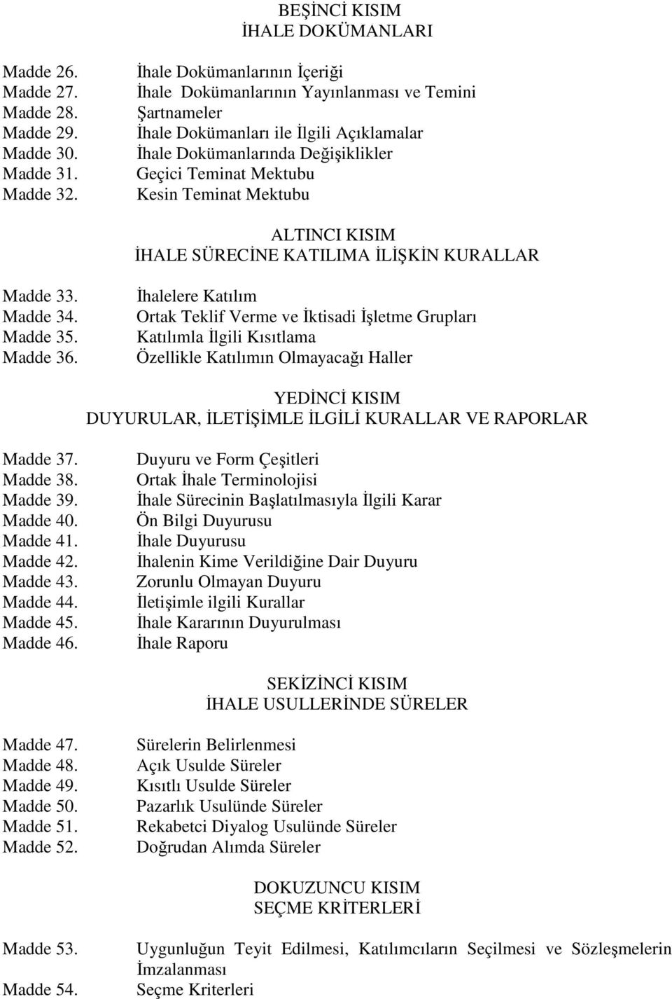 Mektubu ALTINCI KISIM İHALE SÜRECİNE KATILIMA İLİŞKİN KURALLAR Madde 33. Madde 34. Madde 35. Madde 36.