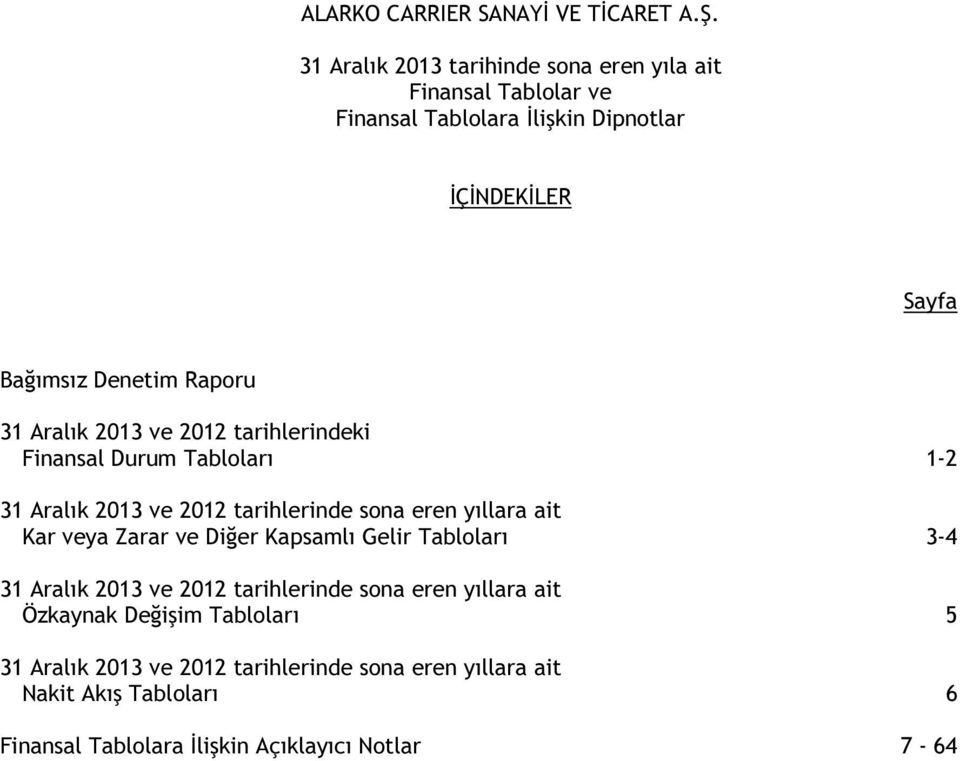 yıllara ait Kar veya Zarar ve Diğer Kapsamlı Gelir Tabloları 3-4 31 Aralık 2013 ve 2012 tarihlerinde sona eren yıllara ait Özkaynak