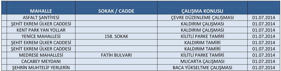 07.2014 CACABEY MEYDANI MUCARTA ÇALIŞMASI 01.07.2014 ŞEHRİN MUHTELİF YERLERİN BACA YÜKSELTME ÇALIŞMASI 01.07.2014