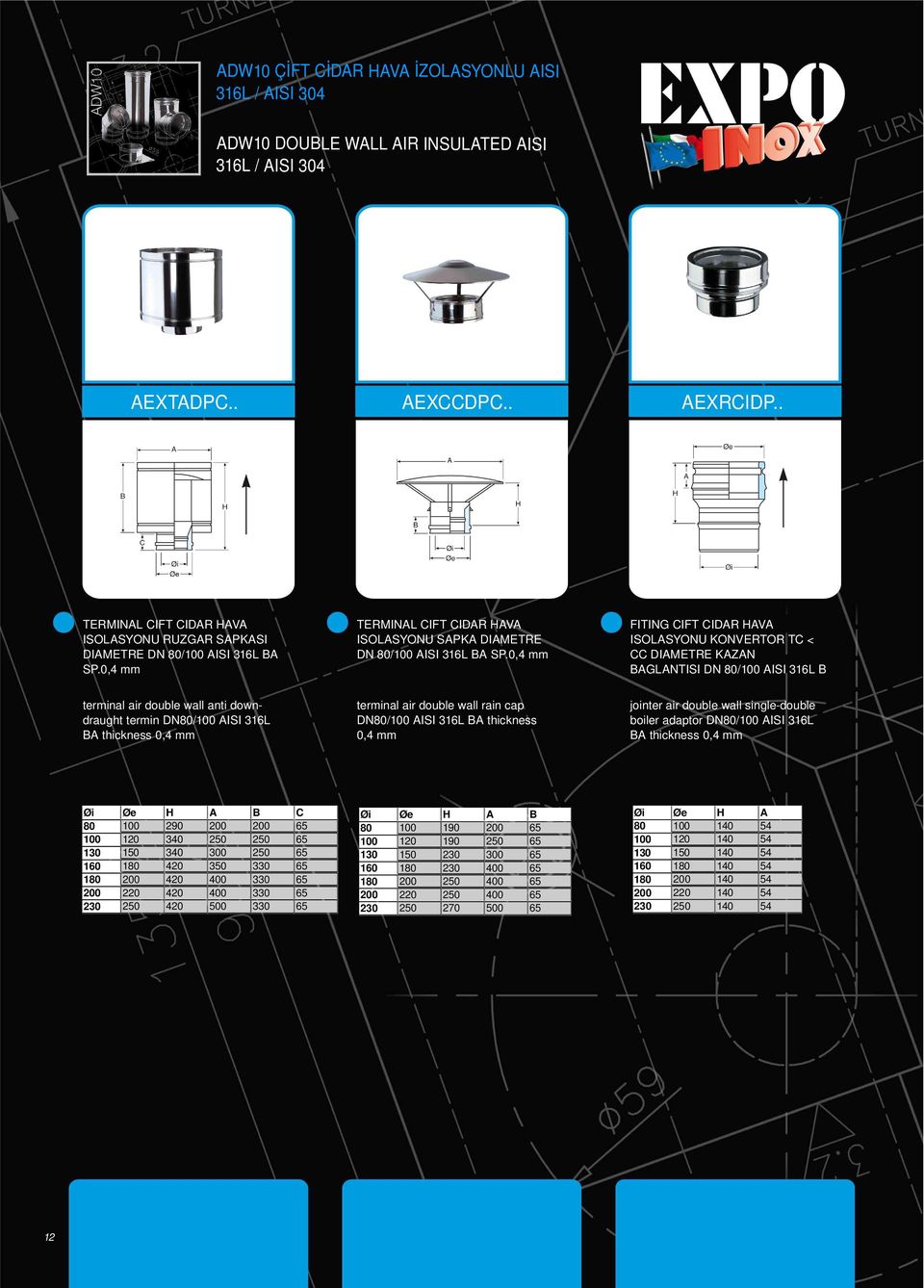 0,4 mm FITING CIFT CIDAR HAVA ISOLASYONU KONVERTOR TC < CC DIAMETRE KAZAN BAGLANTISI DN 80/100 AISI 316L B terminal air double wall anti downdraught termin DN80/100 AISI 316L BA thickness 0,4 mm