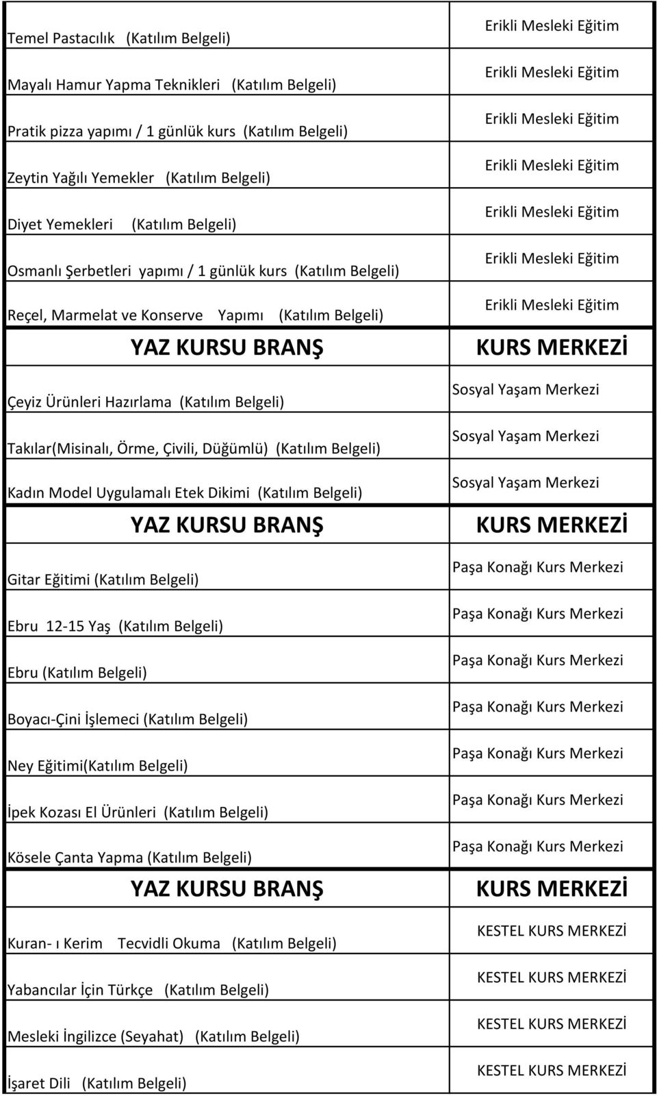 Çivili, Düğümlü) Kadın Model Uygulamalı Etek Dikimi Gitar Eğitimi Ebru 12-15 Yaş Ebru Boyacı-Çini İşlemeci Ney Eğitimi İpek