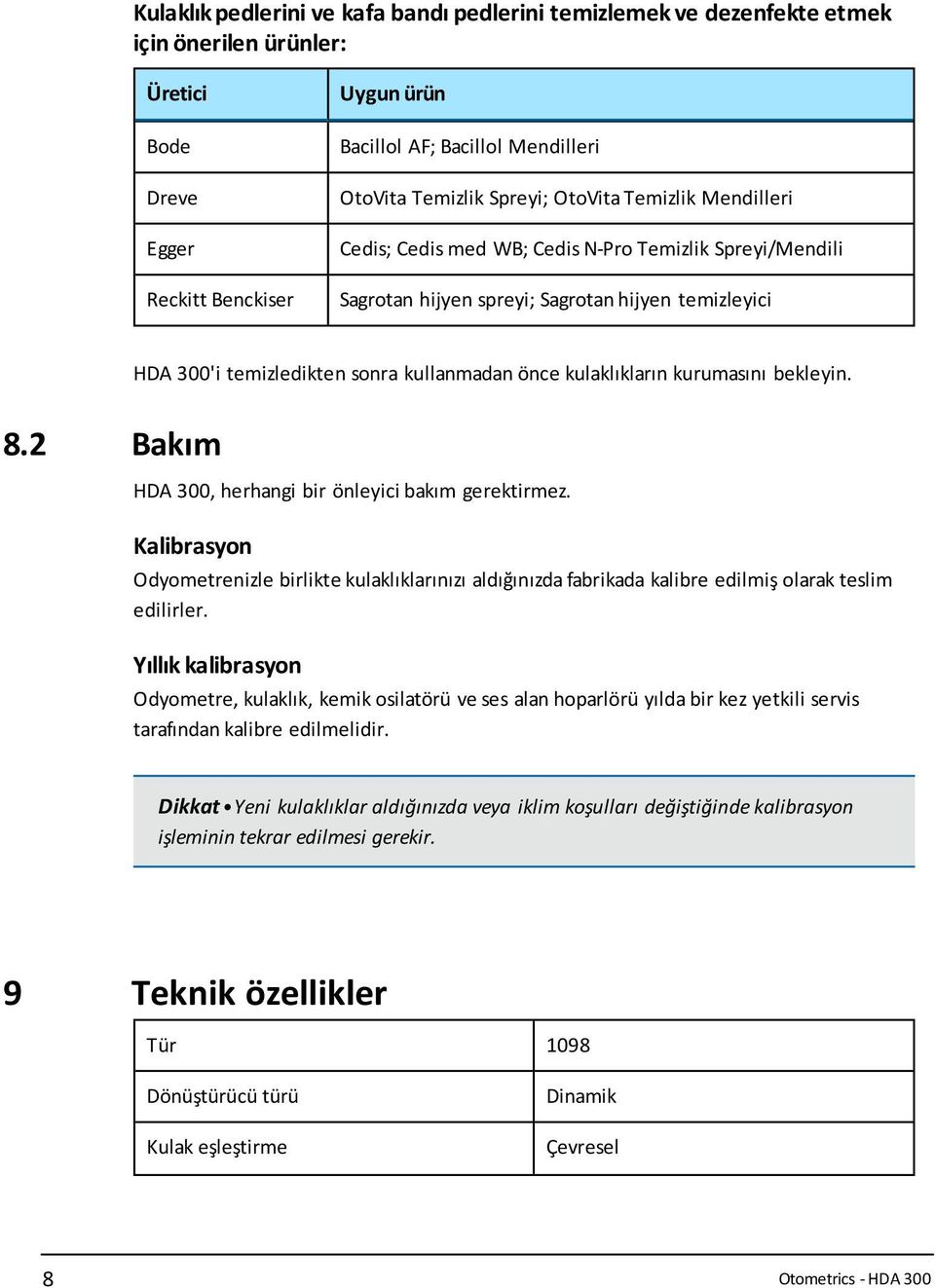 önce kulaklıkların kurumasını bekleyin. 8.2 Bakım HDA 300, herhangi bir önleyici bakım gerektirmez.