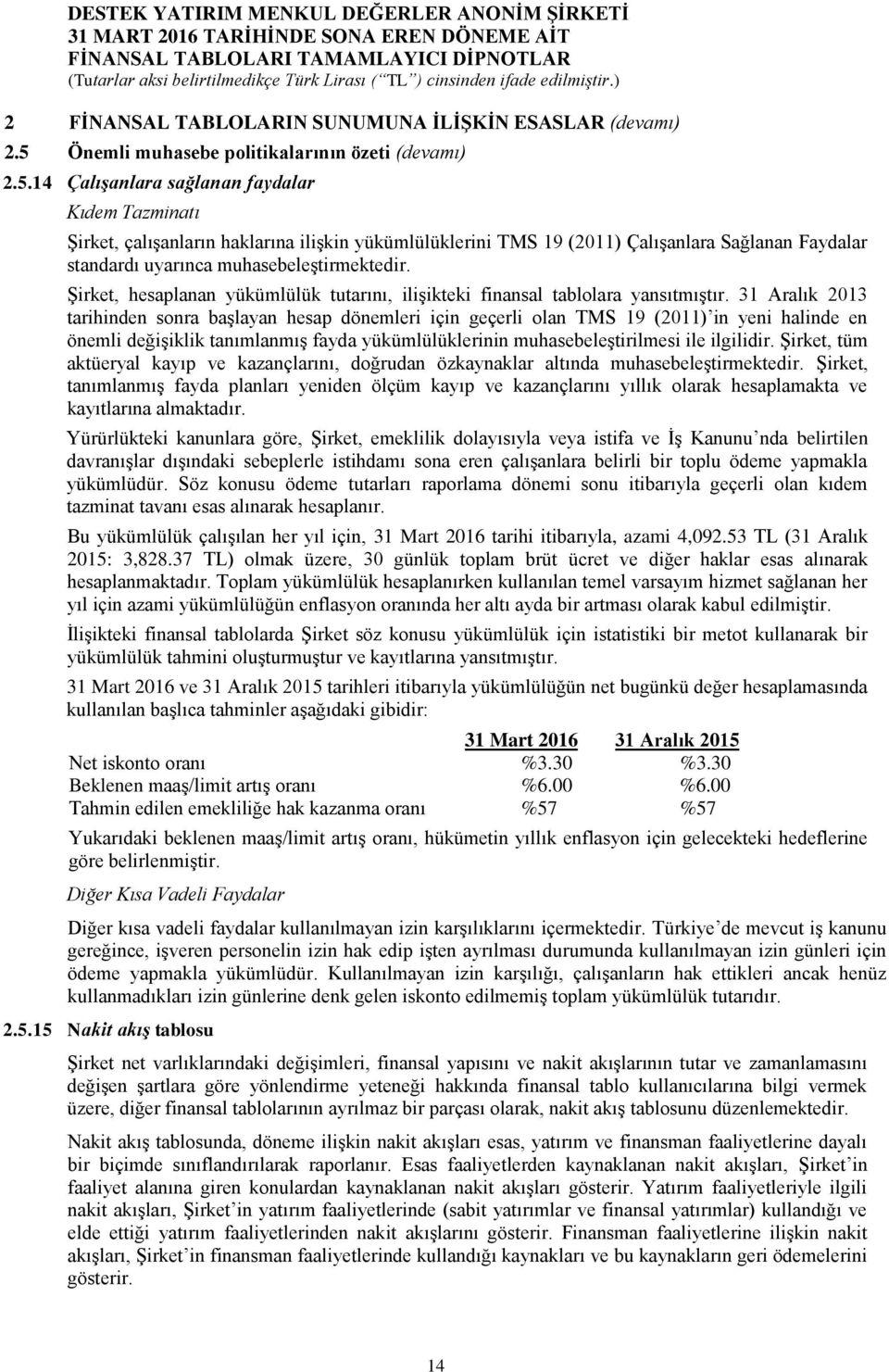 14 Çalışanlara sağlanan faydalar Kıdem Tazminatı Şirket, çalışanların haklarına ilişkin yükümlülüklerini TMS 19 (2011) Çalışanlara Sağlanan Faydalar standardı uyarınca muhasebeleştirmektedir.