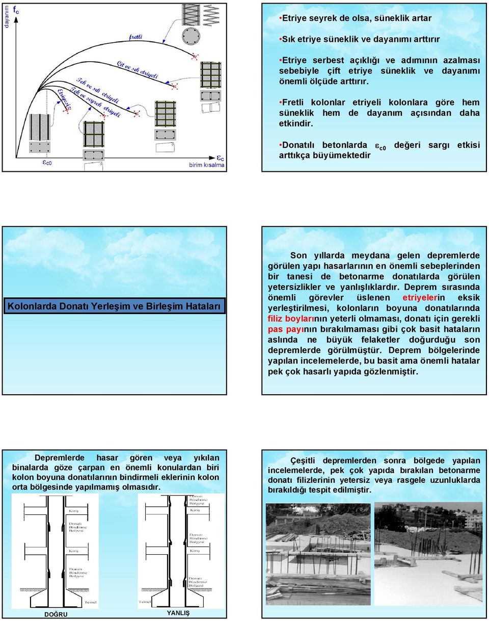 Donatılı betonlarda c0 değeri sargı etkisi arttıkça büyümektedir Kolonlarda Donatı Yerleşim ve Birleşim Hataları Son yıllarda meydana gelen depremlerde görülen yapı hasarlarının en önemli