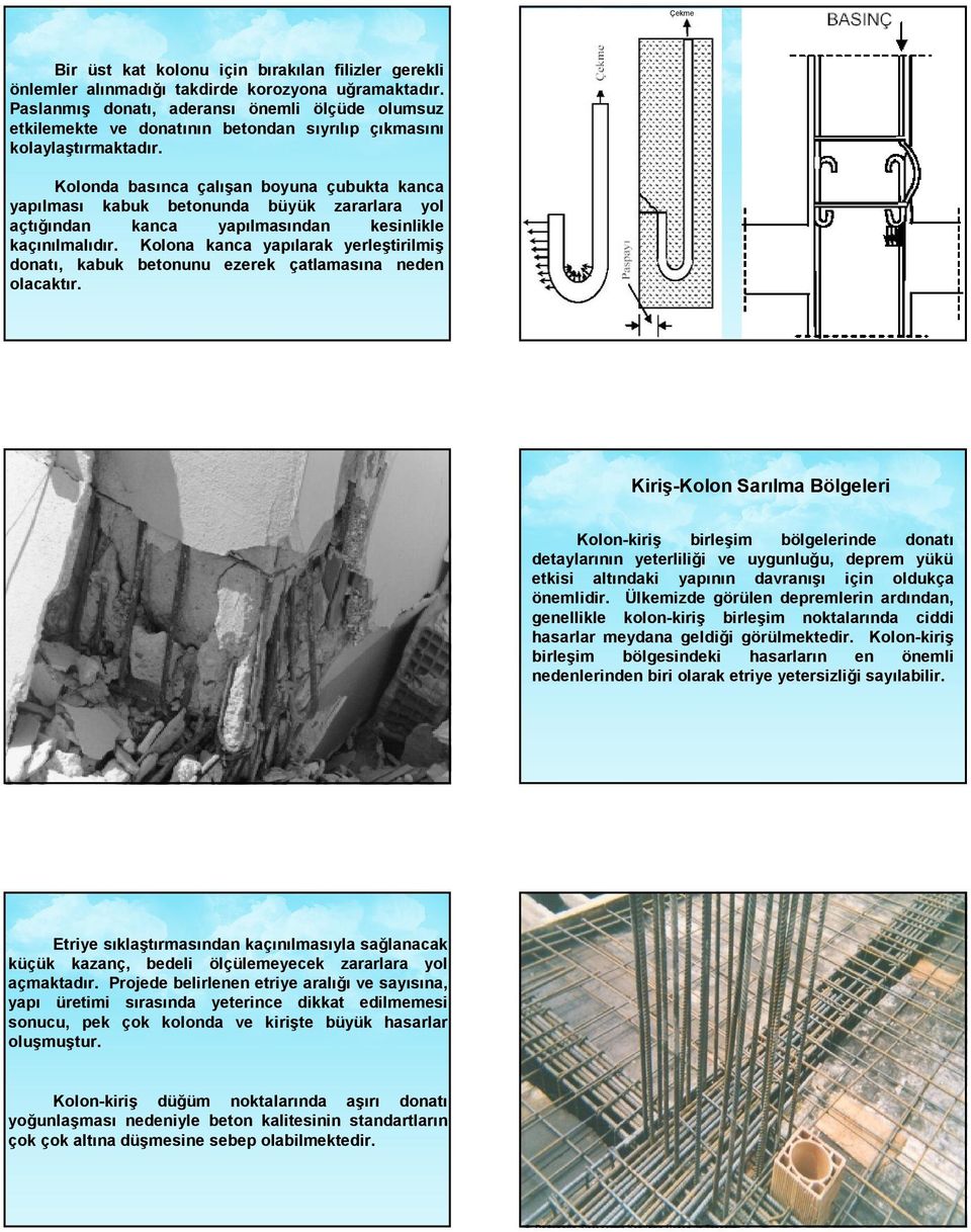 Kolonda basınca çalışan boyuna çubukta kanca yapılması kabuk betonunda büyük zararlara yol açtığından kanca yapılmasından kesinlikle kaçınılmalıdır.