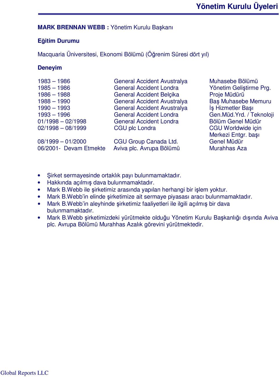 1986 1988 General Accident Belçika Proje Müdürü 1988 1990 General Accident Avustralya Ba Muhasebe Memuru 1990 1993 General Accident Avustralya Hizmetler Baı 1993 1996 General Accident Londra Gen.Müd.Yrd.