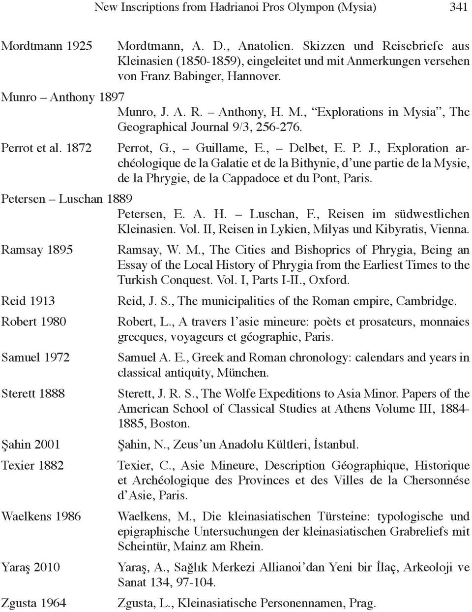 Perrot et al. 1872 Perrot, G., Guillame, E., Delbet, E. P. J., Exploration archéologique de la Galatie et de la Bithynie, d une partie de la Mysie, de la Phrygie, de la Cappadoce et du Pont, Paris.