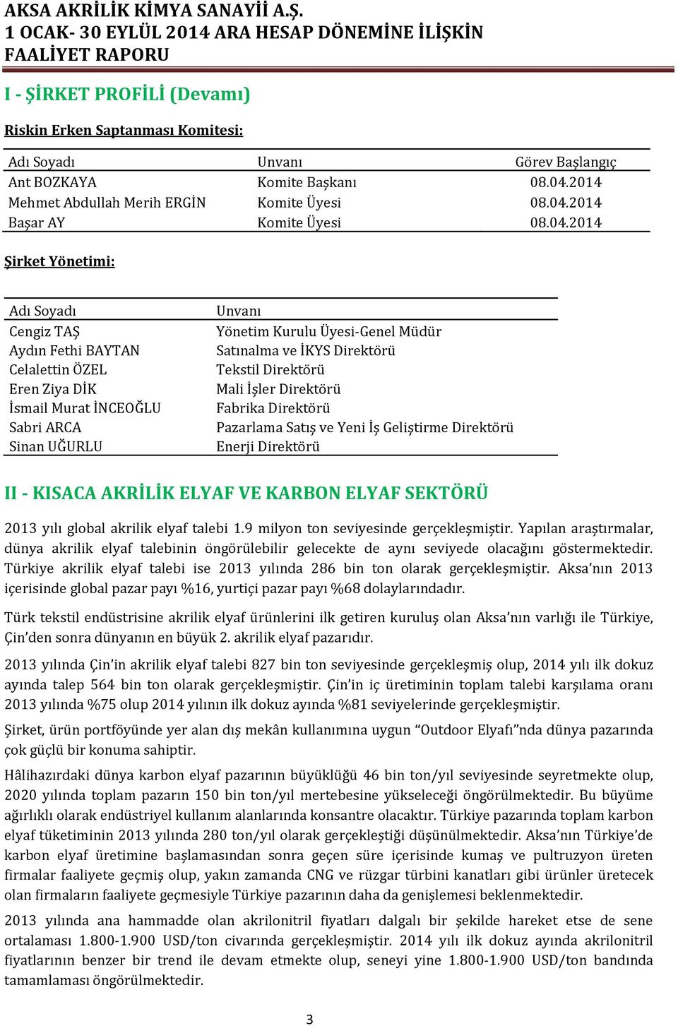 Direktörü Tekstil Direktörü Mali İşler Direktörü Fabrika Direktörü Pazarlama Satış ve Yeni İş Geliştirme Direktörü Enerji Direktörü II - KISACA AKRİLİK ELYAF VE KARBON ELYAF SEKTÖRÜ 2013 yılı global