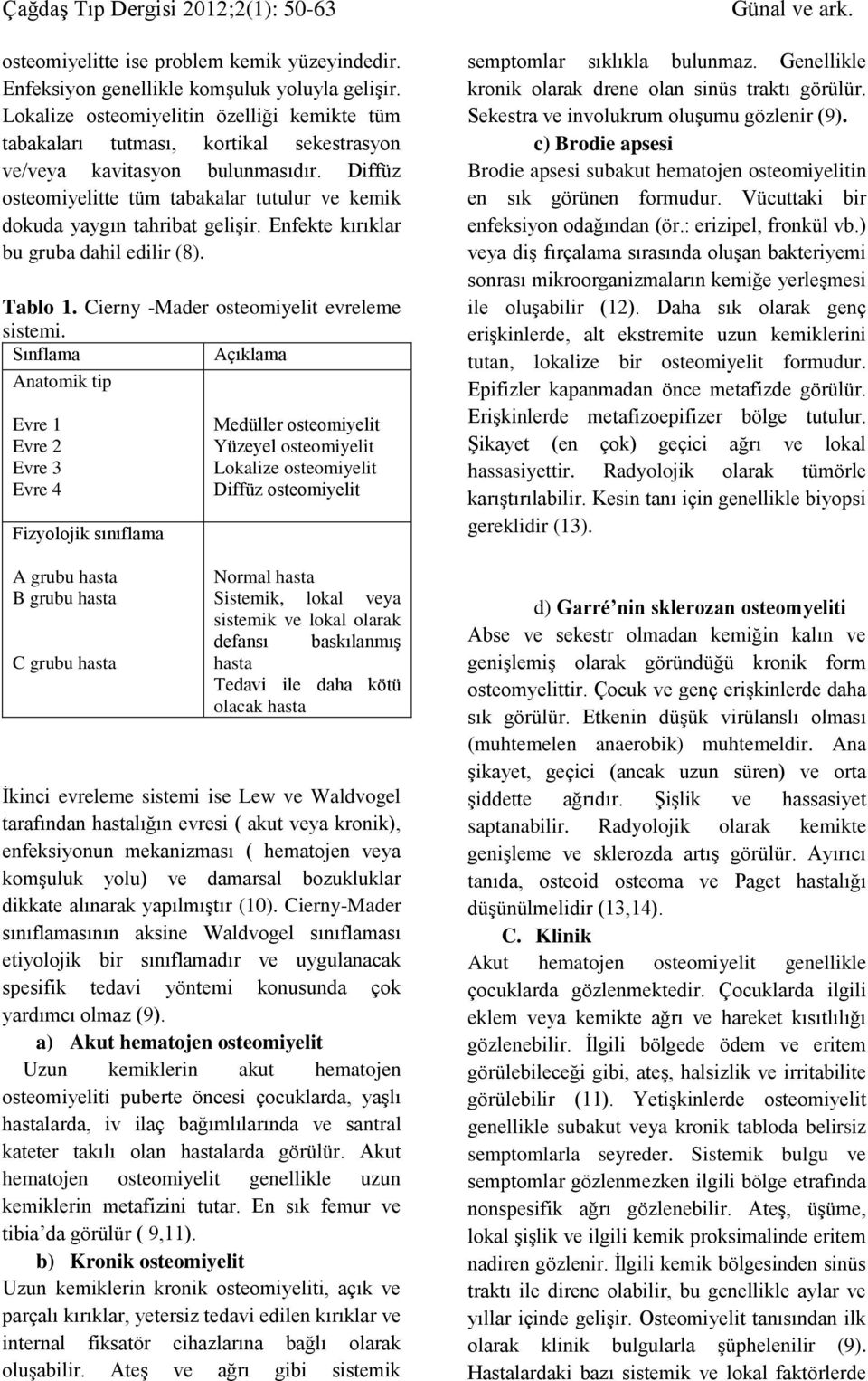 Diffüz osteomiyelitte tüm tabakalar tutulur ve kemik dokuda yaygın tahribat gelişir. Enfekte kırıklar bu gruba dahil edilir (8). Tablo 1. Cierny -Mader osteomiyelit evreleme sistemi.