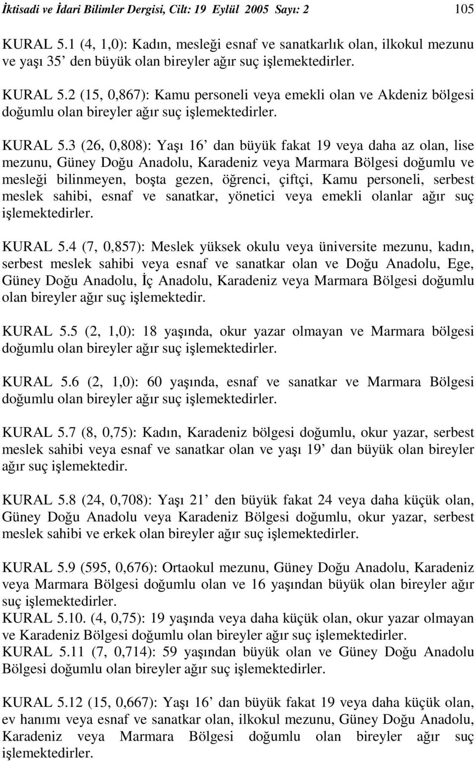 3 (26, 0,808): Yaı 16 dan büyük fakat 19 veya daha az olan, lise mezunu, Güney Dou Anadolu, Karadeniz veya Marmara Bölgesi doumlu ve meslei bilinmeyen, bota gezen, örenci, çiftçi, Kamu personeli,