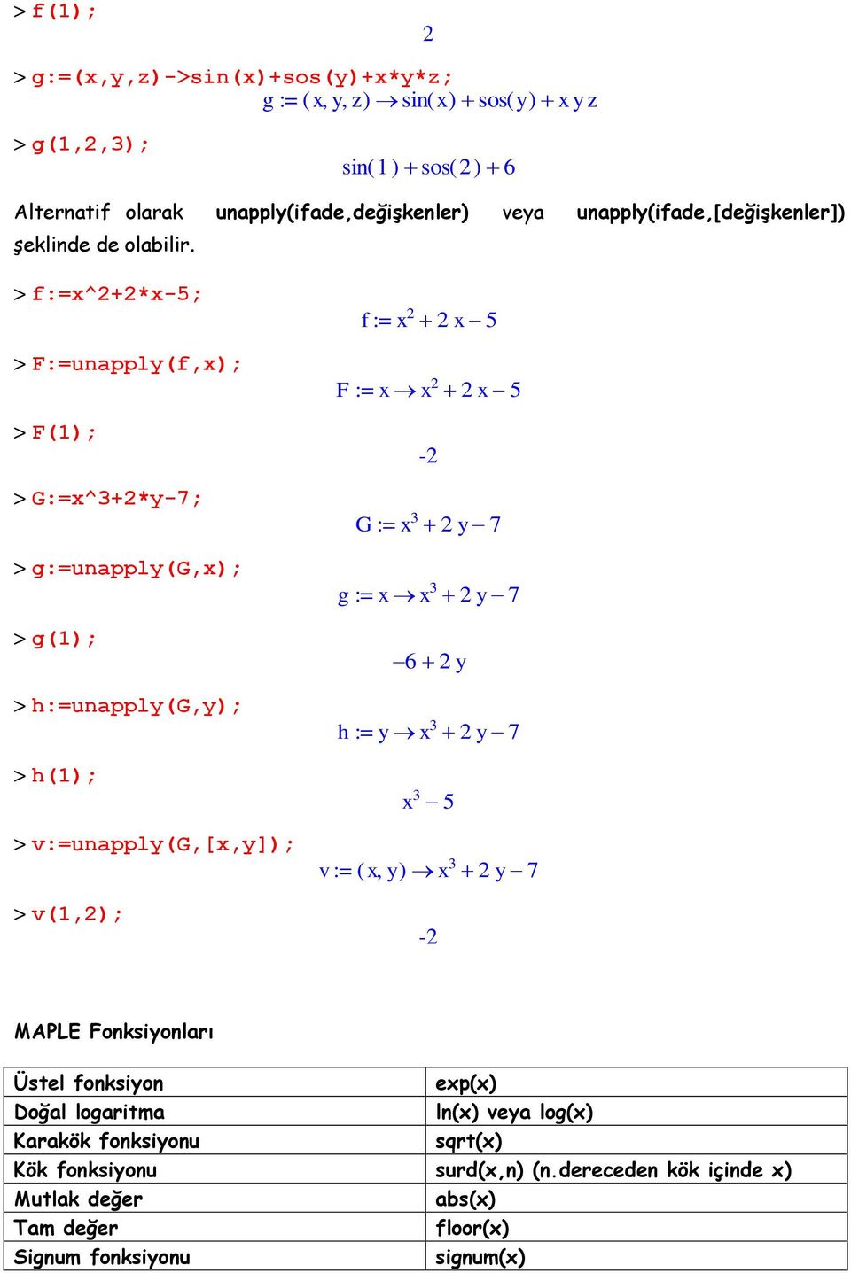 > f:=x^2+2*x-5; > F:=unapply(f,x); > F(1); > G:=x^3+2*y-7; > g:=unapply(g,x); > g(1); > h:=unapply(g,y); > h(1); > v:=unapply(g,[x,y]); > v(1,2); f := x 2 2 x5 F := xx 2 2