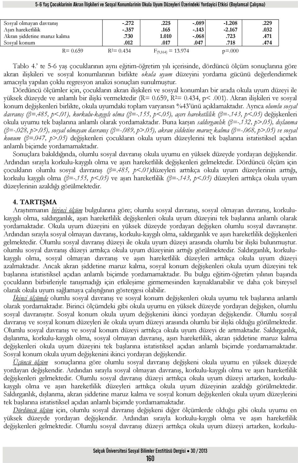 te 5-6 yaş çocuklarının aynı eğitim-öğretim yılı içerisinde, dördüncü ölçüm sonuçlarına göre akran ilişkileri ve sosyal konumlarının birlikte okula uyum düzeyini yordama gücünü değerlendirmek