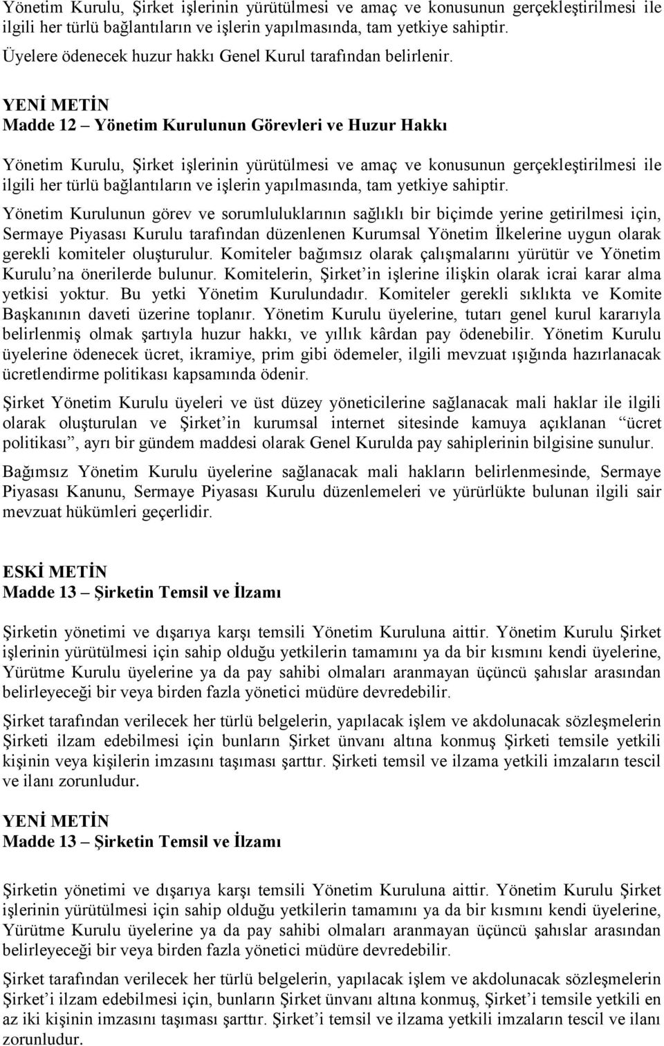 Madde 12 Yönetim Kurulunun Görevleri ve Huzur Hakkı  Yönetim Kurulunun görev ve sorumluluklarının sağlıklı bir biçimde yerine getirilmesi için, Sermaye Piyasası Kurulu tarafından düzenlenen Kurumsal