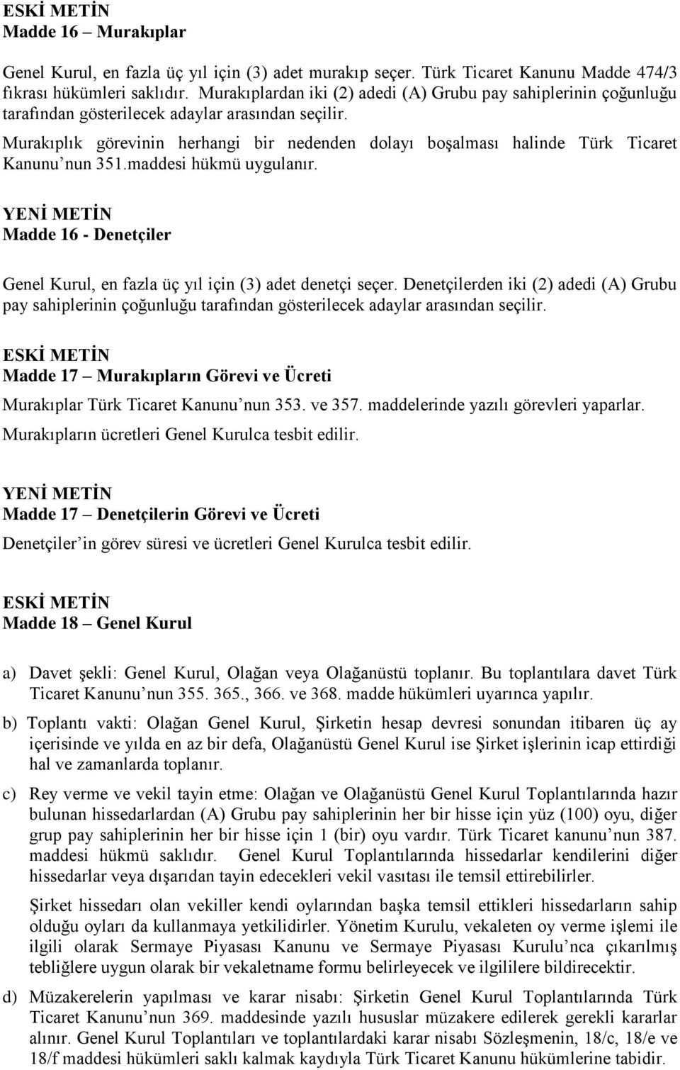 Murakıplık görevinin herhangi bir nedenden dolayı boşalması halinde Türk Ticaret Kanunu nun 351.maddesi hükmü uygulanır. Madde 16 - Denetçiler Genel Kurul, en fazla üç yıl için (3) adet denetçi seçer.