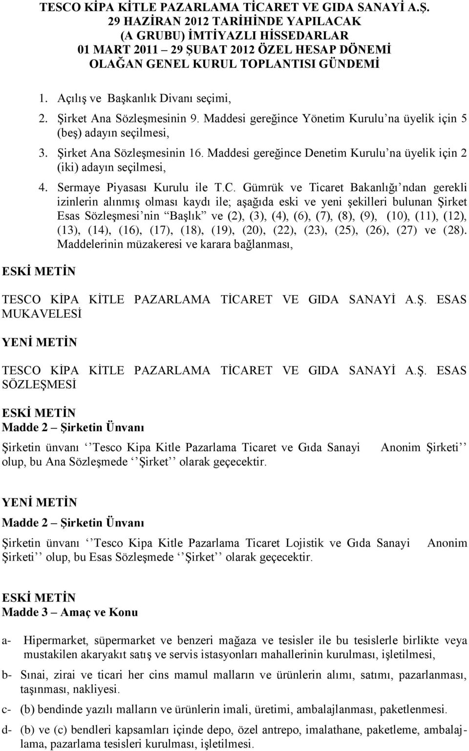 Şirket Ana Sözleşmesinin 9. Maddesi gereğince Yönetim Kurulu na üyelik için 5 (beş) adayın seçilmesi, 3. Şirket Ana Sözleşmesinin 16.