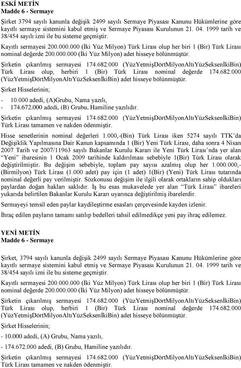 Şirketin çıkarılmış sermayesi 174.682.000 (YüzYetmişDörtMilyonAltıYüzSeksenİkiBin) Türk Lirası olup, herbiri 1 (Bir) Türk Lirası nominal değerde 174.682.000 (YüzYetmişDörtMilyonAltıYüzSeksenİkiBin) adet hisseye bölünmüştür.