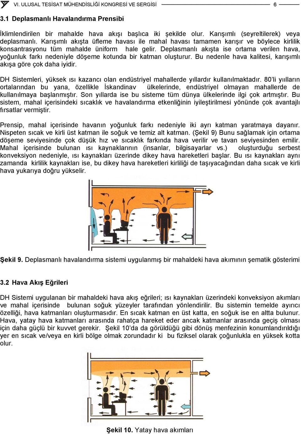 Deplasmanlı akışta ise ortama verilen hava, yoğunluk farkı nedeniyle döşeme kotunda bir katman oluşturur. Bu nedenle hava kalitesi, karışımlı akışa göre çok daha iyidir.