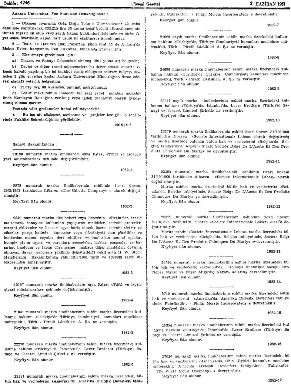 2 ihale, 12 Haziran 1961 Pazartesi günü ssat 15 de Ankara'da Mebus Evleri karşısında Fen Fakültesi binasında yapılacaktır.