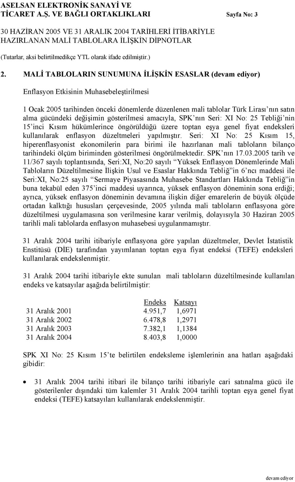 gösterilmesi amacıyla, SPK nın Seri: XI No: 25 Tebliği nin 15 inci Kısım hükümlerince öngörüldüğü üzere toptan eşya genel fiyat endeksleri kullanılarak enflasyon düzeltmeleri yapılmıştır.