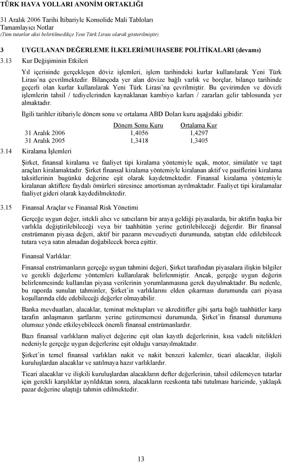 Bilançoda yer alan dövize bağlı varlık ve borçlar, bilanço tarihinde geçerli olan kurlar kullanılarak Yeni Türk Lirası na çevrilmiştir.