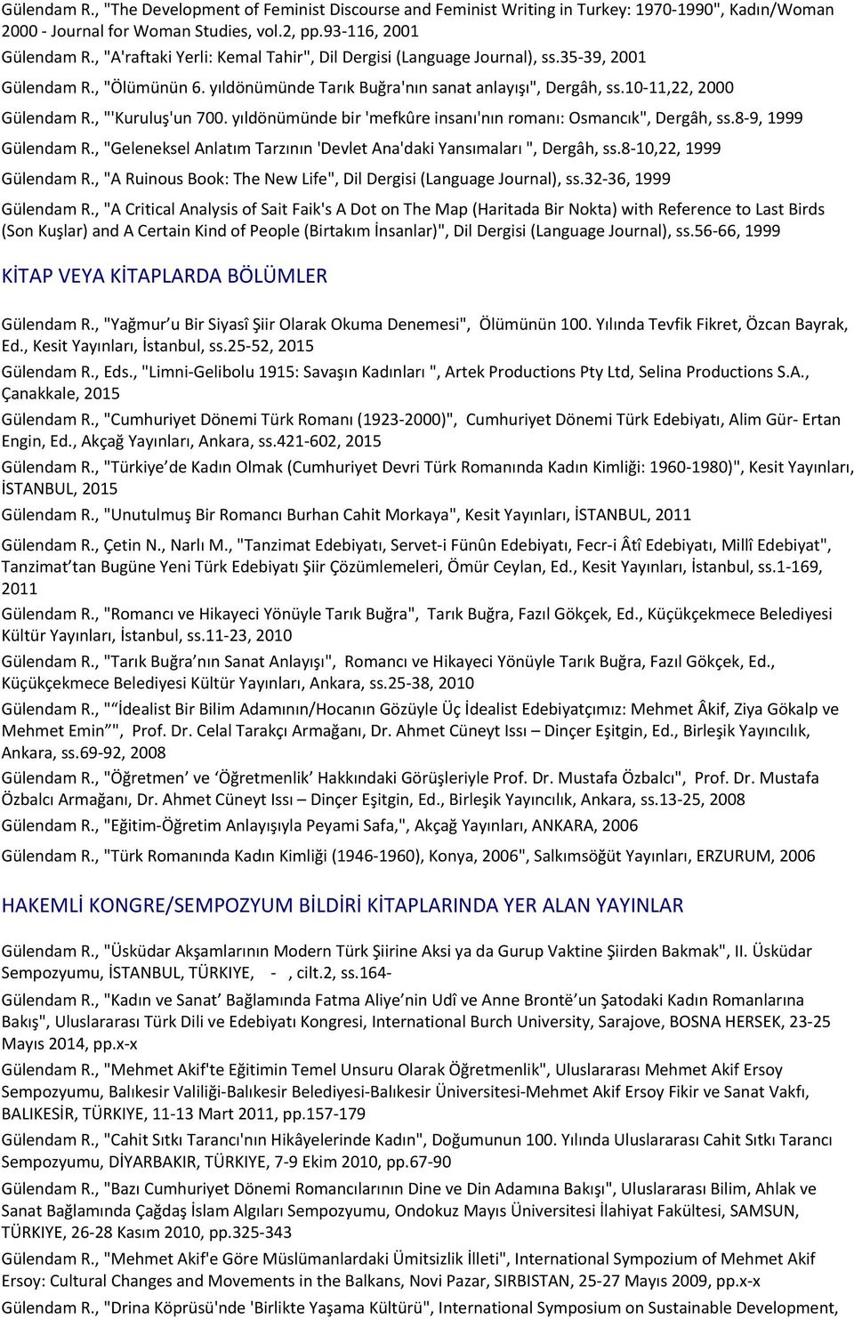 , "A'raftaki Yerli: Kemal Tahir", Dil Dergisi (Language Journal), ss.35-39, 2001 Gülendam R., "Ölümünün 6. yıldönümünde Tarık Buğra'nın sanat anlayışı", Dergâh, ss.10-11,22, 2000 Gülendam R.