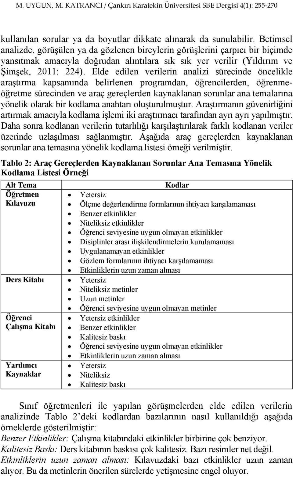 Elde edilen verilerin analizi sürecinde öncelikle araştırma kapsamında belirlenen programdan, öğrencilerden, öğrenmeöğretme sürecinden ve araç gereçlerden kaynaklanan sorunlar ana temalarına yönelik