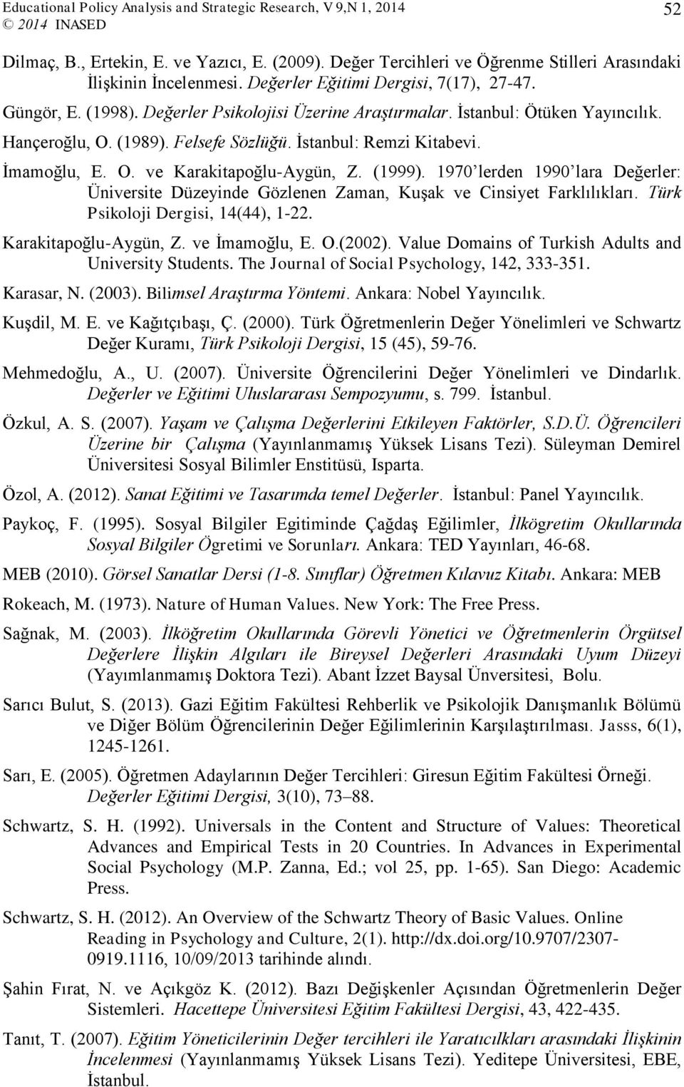 1970 lerden 1990 lara Değerler: Üniversite Düzeyinde Gözlenen Zaman, Kuşak ve Cinsiyet Farklılıkları. Türk Psikoloji Dergisi, 14(44), 1-22. Karakitapoğlu-Aygün, Z. ve İmamoğlu, E. O.(2002).