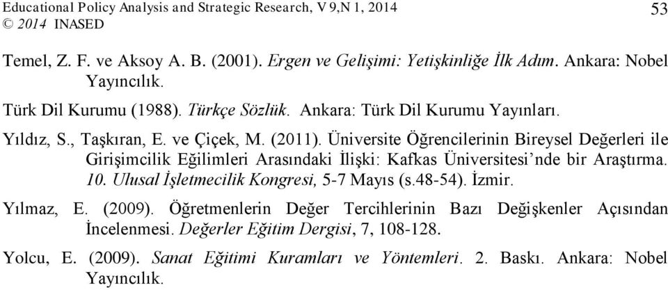 Üniversite Öğrencilerinin Bireysel Değerleri ile Girişimcilik Eğilimleri Arasındaki İlişki: Kafkas Üniversitesi nde bir Araştırma. 10.